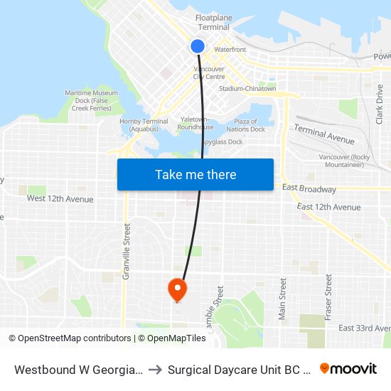 Westbound W Georgia St @ Burrard St to Surgical Daycare Unit BC Children's Hospital map