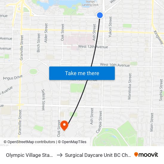 Olympic Village Station @ Bay 1 to Surgical Daycare Unit BC Children's Hospital map