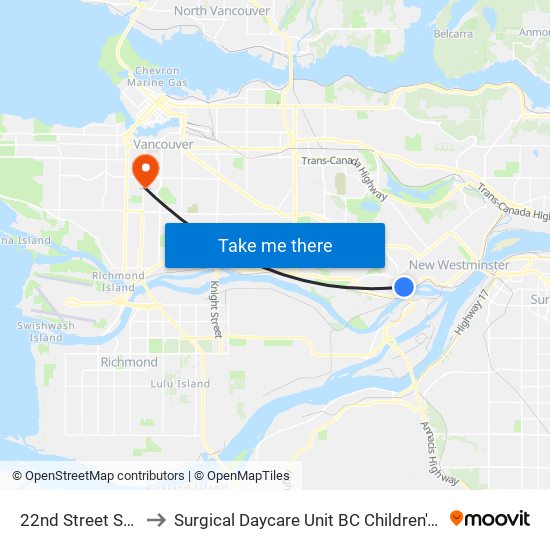 22nd Street Station to Surgical Daycare Unit BC Children's Hospital map