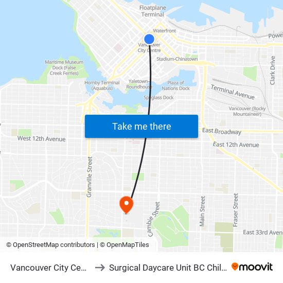 Vancouver City Centre Station to Surgical Daycare Unit BC Children's Hospital map