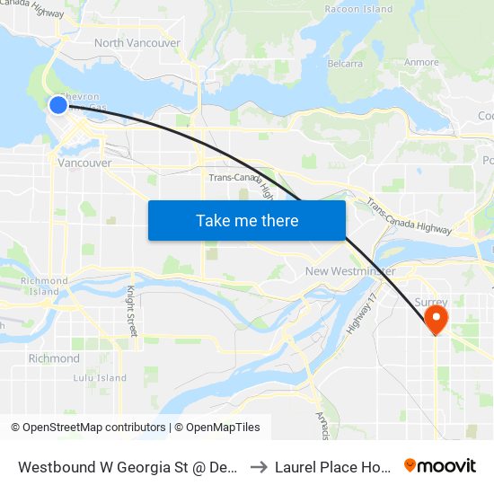 Westbound W Georgia St @ Denman St to Laurel Place Hospice map