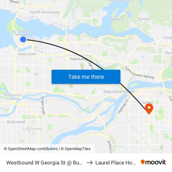 Westbound W Georgia St @ Burrard St to Laurel Place Hospice map
