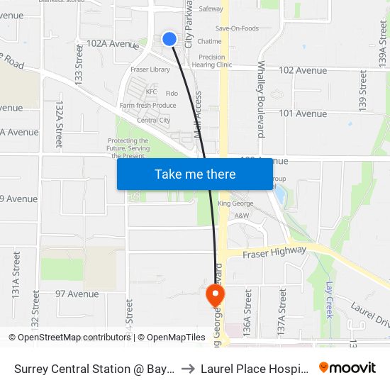 Surrey Central Station @ Bay 8 to Laurel Place Hospice map