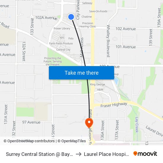 Surrey Central Station @ Bay 2 to Laurel Place Hospice map