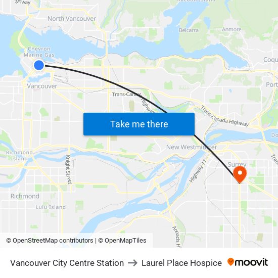 Vancouver City Centre Station to Laurel Place Hospice map
