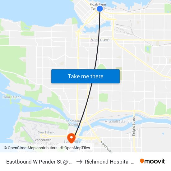 Eastbound W Pender St @ Granville St to Richmond Hospital Admitting map