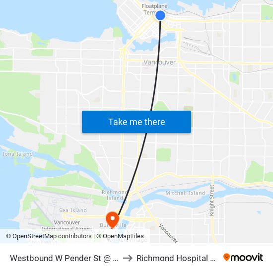 Westbound W Pender St @ Seymour St to Richmond Hospital Admitting map