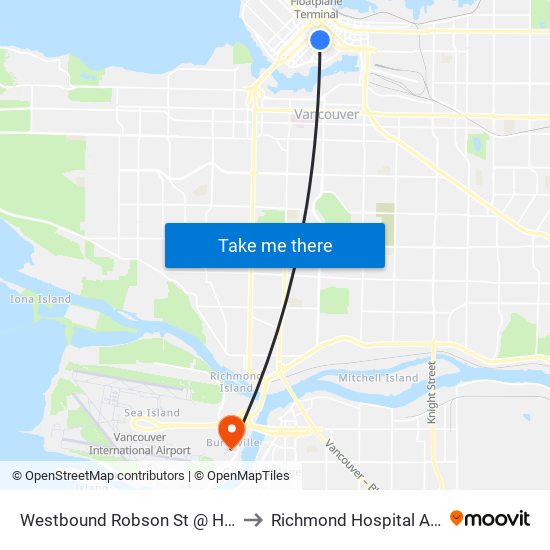 Westbound Robson St @ Hamilton St to Richmond Hospital Admitting map