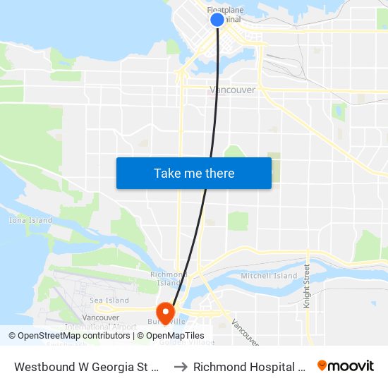 Westbound W Georgia St @ Burrard St to Richmond Hospital Admitting map