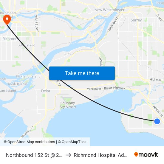 Northbound 152 St @ 22 Ave to Richmond Hospital Admitting map