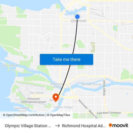 Olympic Village Station @ Bay 1 to Richmond Hospital Admitting map