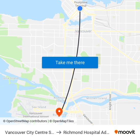 Vancouver City Centre Station to Richmond Hospital Admitting map