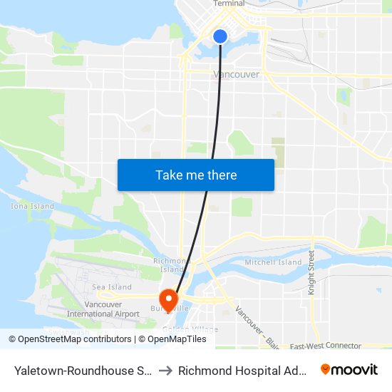 Yaletown-Roundhouse Station to Richmond Hospital Admitting map