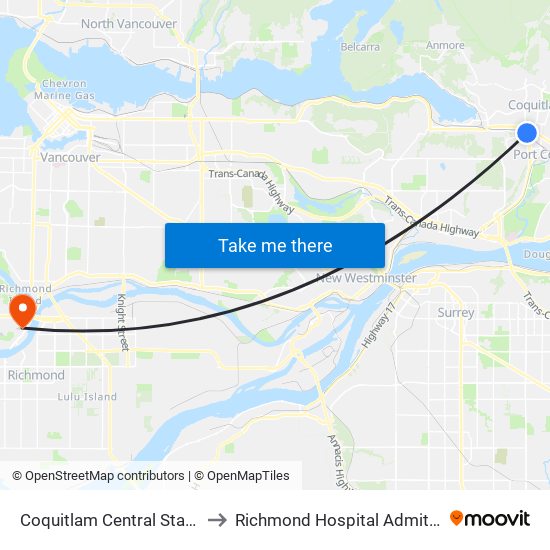 Coquitlam Central Station to Richmond Hospital Admitting map