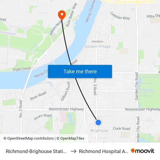 Richmond-Brighouse Station @ Bay 1 to Richmond Hospital Admitting map