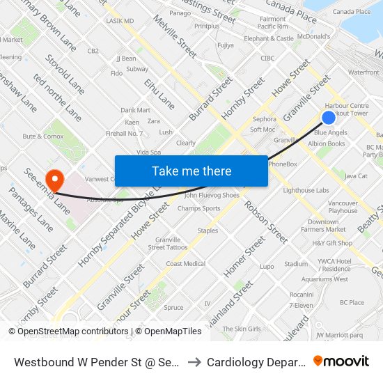 Westbound W Pender St @ Seymour St to Cardiology Department map