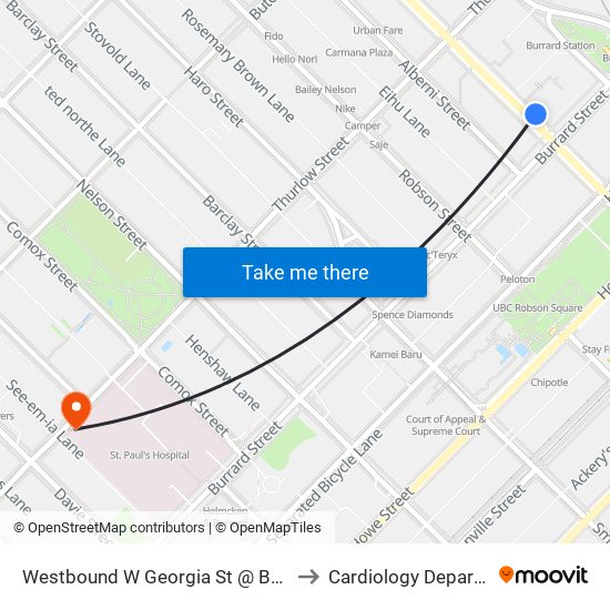 Westbound W Georgia St @ Burrard St to Cardiology Department map