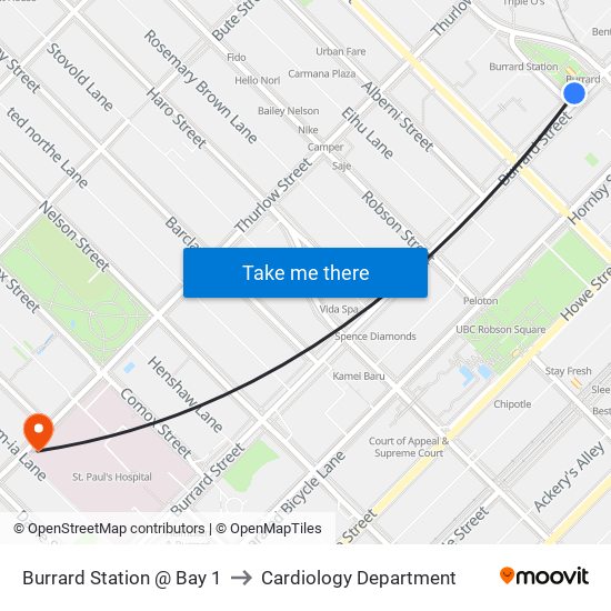 Burrard Station @ Bay 1 to Cardiology Department map