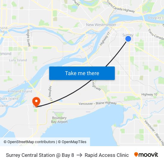 Surrey Central Station @ Bay 8 to Rapid Access Clinic map