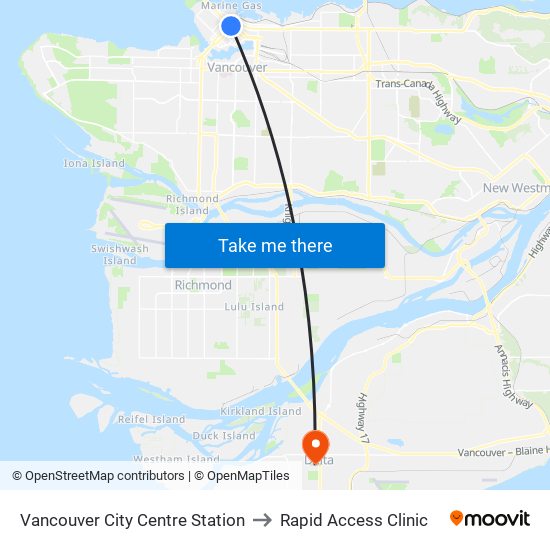 Vancouver City Centre Station to Rapid Access Clinic map