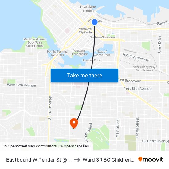 Eastbound W Pender St @ Seymour St to Ward 3R BC Children's Hospital map