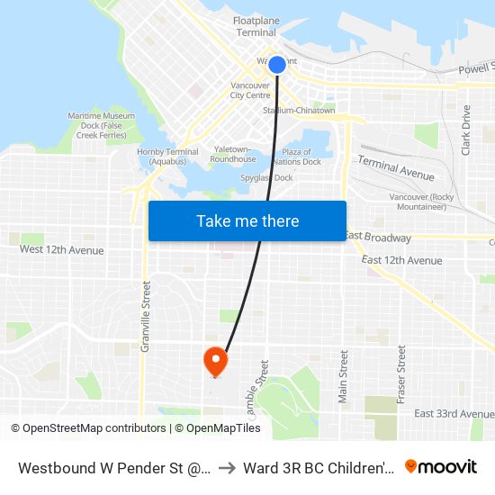 Westbound W Pender St @ Seymour St to Ward 3R BC Children's Hospital map