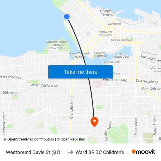 Westbound Davie St @ Denman St to Ward 3R BC Children's Hospital map