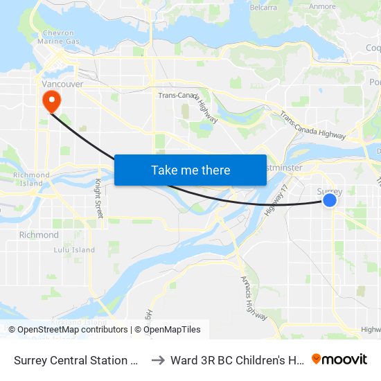 Surrey Central Station @ Bay 7 to Ward 3R BC Children's Hospital map