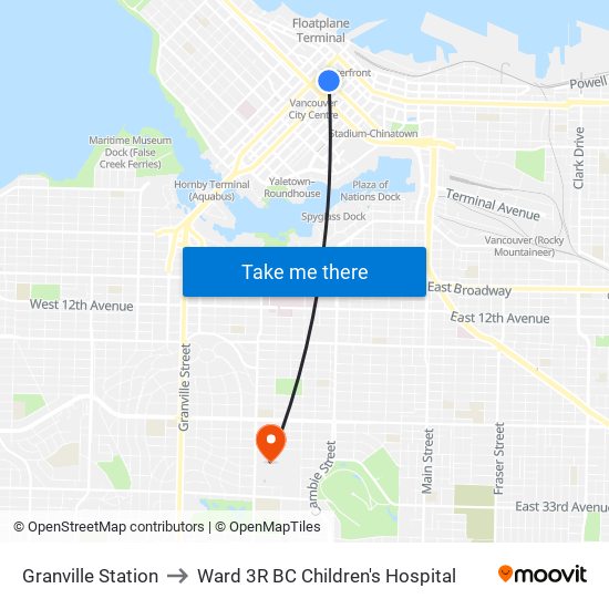 Granville Station to Ward 3R BC Children's Hospital map