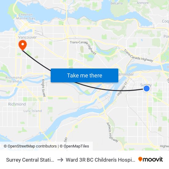 Surrey Central Station to Ward 3R BC Children's Hospital map
