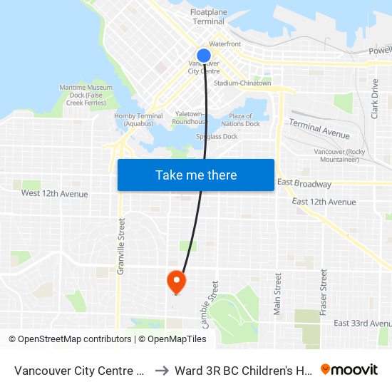 Vancouver City Centre Station to Ward 3R BC Children's Hospital map