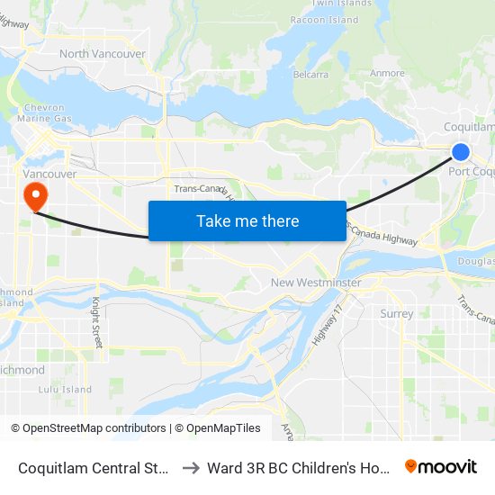 Coquitlam Central Station to Ward 3R BC Children's Hospital map