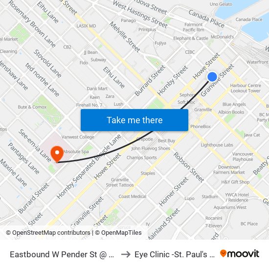 Eastbound W Pender St @ Granville St to Eye Clinic -St. Paul's Hospital map