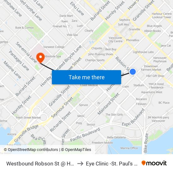 Westbound Robson St @ Hamilton St to Eye Clinic -St. Paul's Hospital map