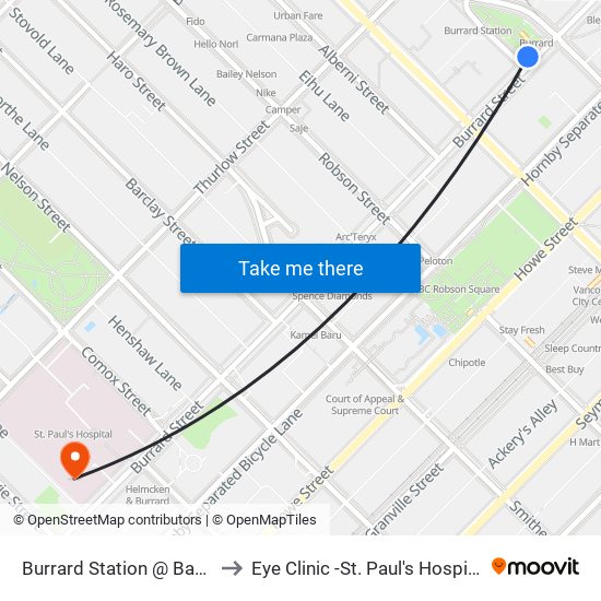 Burrard Station @ Bay 1 to Eye Clinic -St. Paul's Hospital map