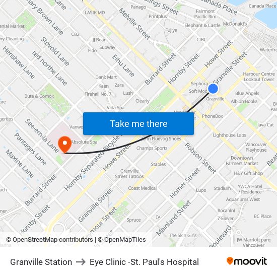 Granville Station to Eye Clinic -St. Paul's Hospital map