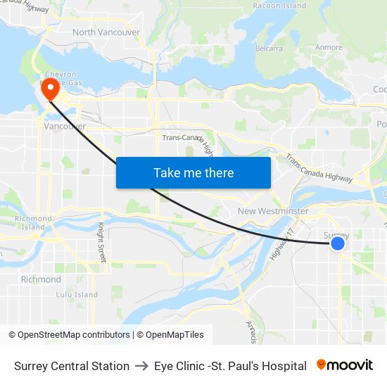 Surrey Central Station to Eye Clinic -St. Paul's Hospital map
