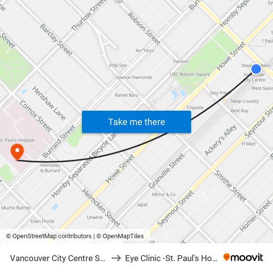 Vancouver City Centre Station to Eye Clinic -St. Paul's Hospital map