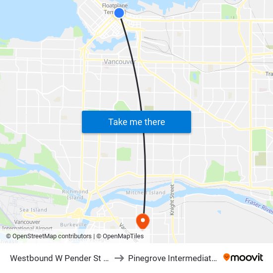 Westbound W Pender St @ Granville St to Pinegrove Intermediate Care Home map