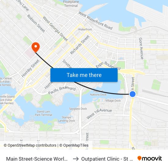 Main Street-Science World Station @ Bay 1 to Outpatient Clinic - St Paul's Hospital map