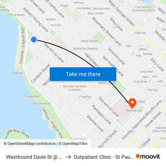 Westbound Davie St @ Denman St to Outpatient Clinic - St Paul's Hospital map