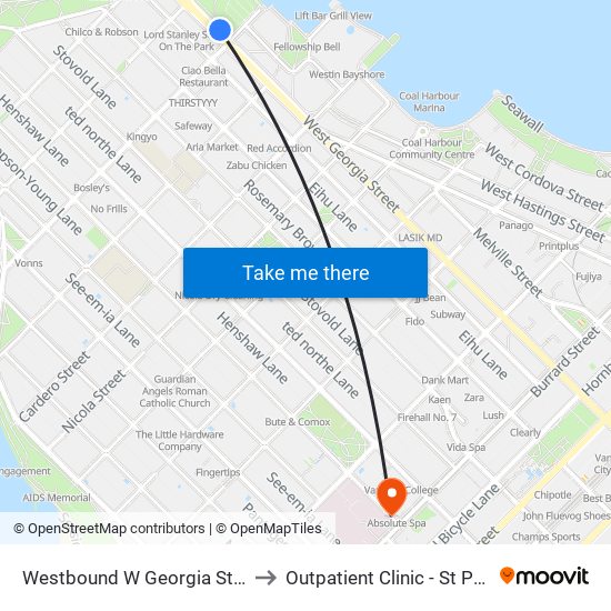 Westbound W Georgia St @ Denman St to Outpatient Clinic - St Paul's Hospital map