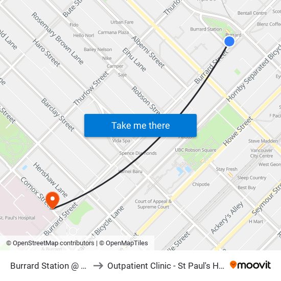 Burrard Station @ Bay 1 to Outpatient Clinic - St Paul's Hospital map