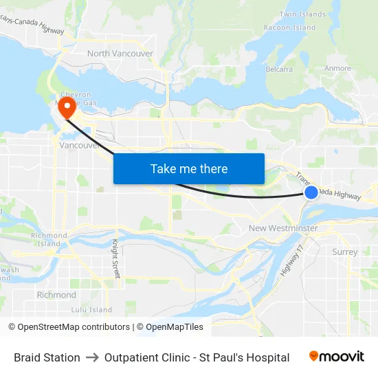 Braid Station to Outpatient Clinic - St Paul's Hospital map