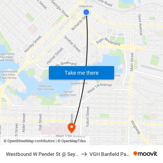 Westbound W Pender St @ Seymour St to VGH Banfield Pavillion map