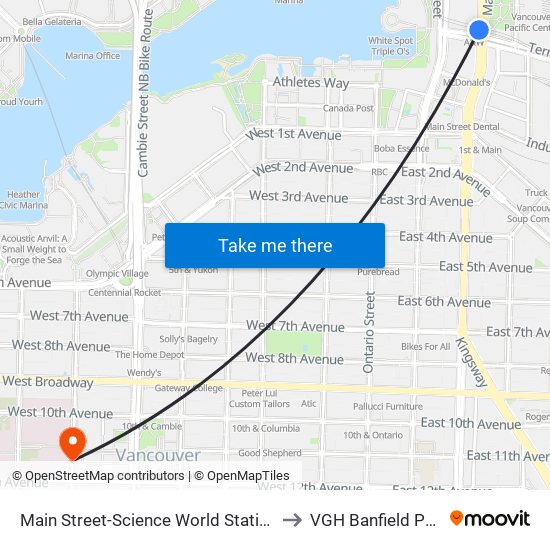 Main Street-Science World Station @ Bay 1 to VGH Banfield Pavillion map