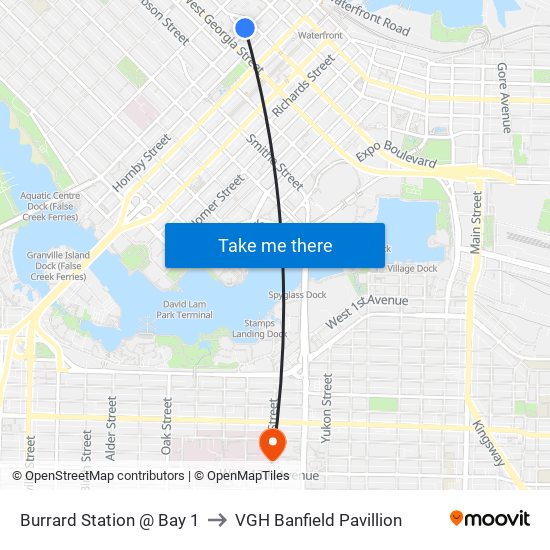Burrard Station @ Bay 1 to VGH Banfield Pavillion map
