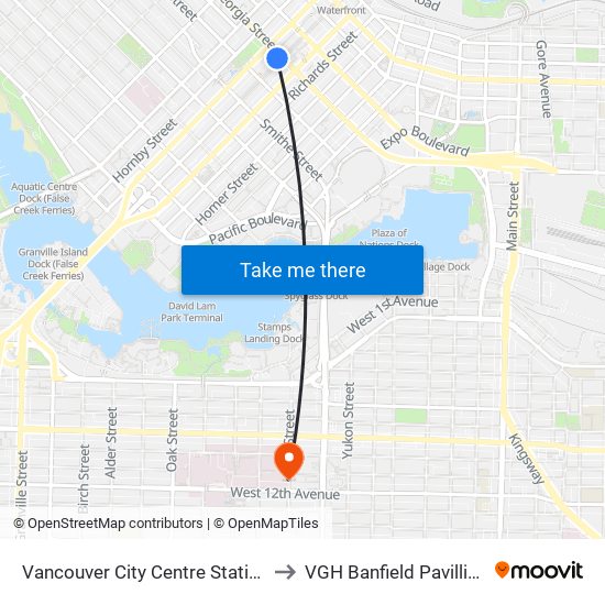 Vancouver City Centre Station to VGH Banfield Pavillion map