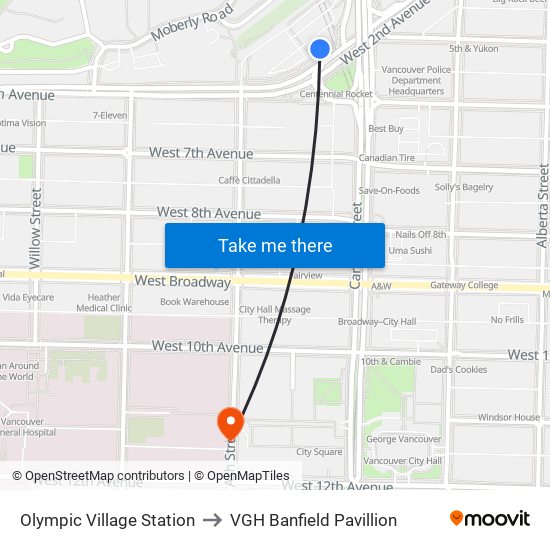 Olympic Village Station to VGH Banfield Pavillion map