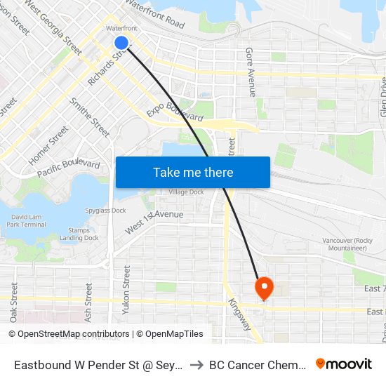 Eastbound W Pender St @ Seymour St to BC Cancer Chemo Unit map